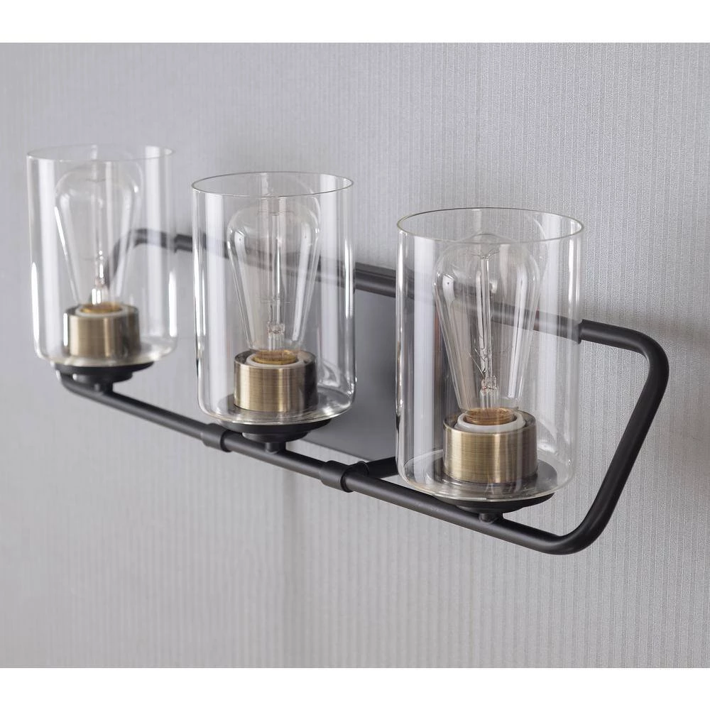 Carleigh 21 in. 3-Light Black and Antique Brass Vanity Light with Clear Glass Shades by Kenroy Home 5 Carleigh 21 in. 3-Light Black and Antique Brass Vanity Light with Clear Glass Shades by Kenroy Home - Image 3