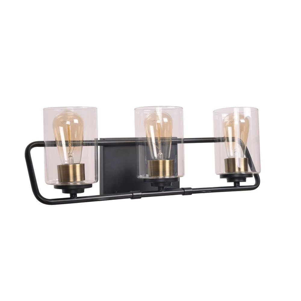 Carleigh 21 in. 3-Light Black and Antique Brass Vanity Light with Clear Glass Shades by Kenroy Home 3 Carleigh 21 in. 3-Light Black and Antique Brass Vanity Light with Clear Glass Shades by Kenroy Home