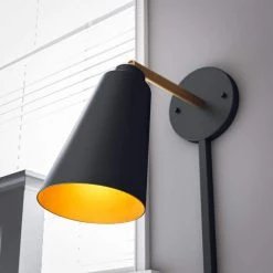 Alvar 1-Light Matte Black Plug-In Sconce with Adjustable Shade and Gold Accents by Kenroy Home -Kenroy Home Sales black with gold accents kenroy home wall sconces 93630bl 1d 1000