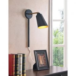 Alvar 1-Light Matte Black Plug-In Sconce with Adjustable Shade and Gold Accents by Kenroy Home -Kenroy Home Sales black with gold accents kenroy home wall sconces 93630bl 4f 1000
