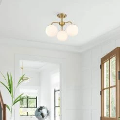 Melpark 3-Light Brushed Gold Semi-Flush Mount with Frosted Glass Shades by OVE Decors -Kenroy Home Sales brushed gold ove decors flush mount lights 15lsf melp15 lg 31 1000