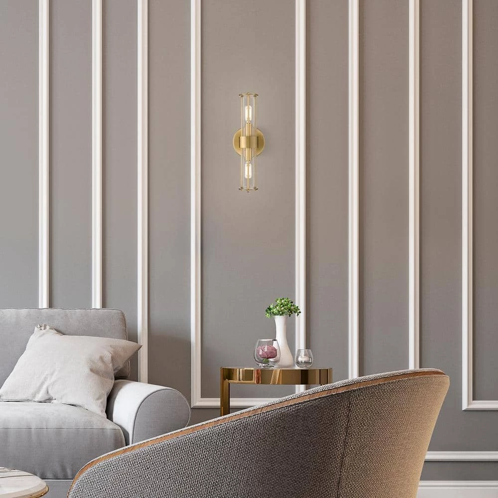 Romex 4.72 in. W 2-Light Brushed Gold Vanity Light with Clear Glass Shade by OVE Decors 9 Romex 4.72 in. W 2-Light Brushed Gold Vanity Light with Clear Glass Shade by OVE Decors - Image 7