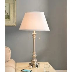 Spyglass 30 in. Brushed Steel Double Outlet Table Lamp with White Fabric Shade by Kenroy Home 12 Spyglass 30 in. Brushed Steel Double Outlet Table Lamp with White Fabric Shade by Kenroy Home -Kenroy Home Sales brushed steel finish kenroy home table lamps 30437bs oor 4f 1000