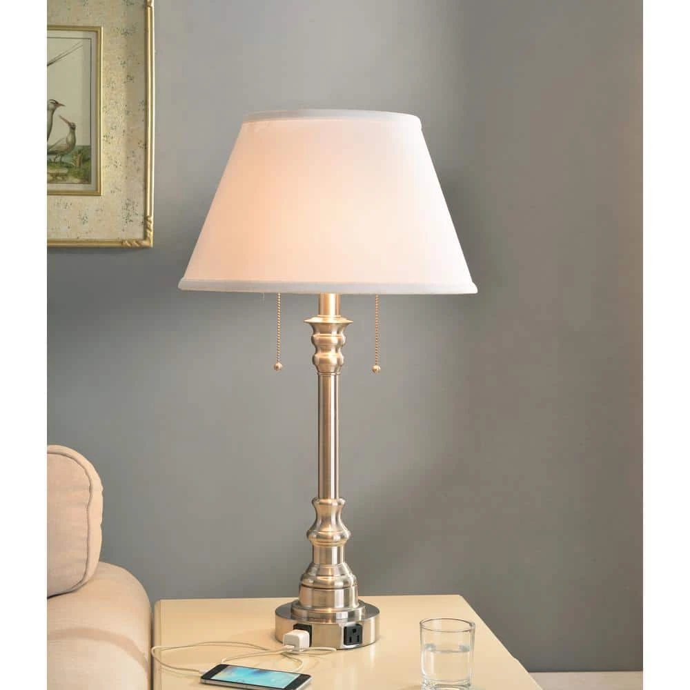 Spyglass 30 in. Brushed Steel Double Outlet Table Lamp with White Fabric Shade by Kenroy Home 5 Spyglass 30 in. Brushed Steel Double Outlet Table Lamp with White Fabric Shade by Kenroy Home - Image 3