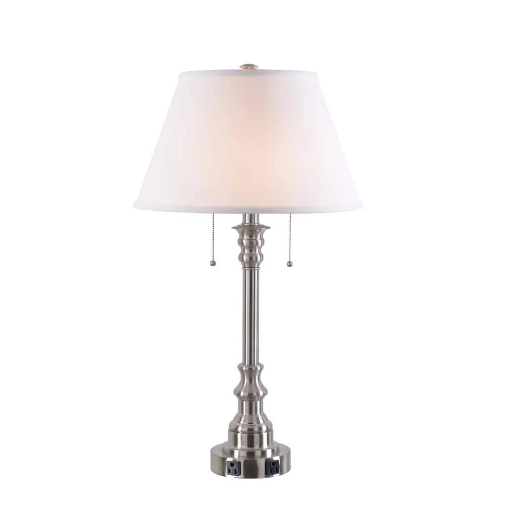 Spyglass 30 in. Brushed Steel Double Outlet Table Lamp with White Fabric Shade by Kenroy Home 3 Spyglass 30 in. Brushed Steel Double Outlet Table Lamp with White Fabric Shade by Kenroy Home