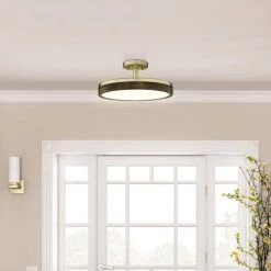 Kevan 13.76 in. Champagne Gold and Wood Frame LED Integrated Semi-Flush Mount with Shade by OVE Decors -Kenroy Home Sales champagne gold ove decors flush mount lights 15lch keva14 lg 31 1000