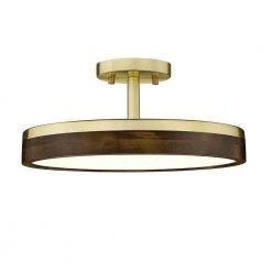 Kevan 13.76 in. Champagne Gold and Wood Frame LED Integrated Semi-Flush Mount with Shade by OVE Decors