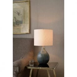 Intaglio 22 in. Blue Accent Lamp with White Linen Shade by Kenroy Home -Kenroy Home Sales distressed blue ceramic finish kenroy home table lamps 33161dblu 31 1000