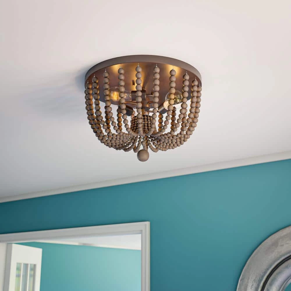 Dumas 15.75 in. 3-Light Golden Bronze Wood Bead Flush Mount Light by Kenroy Home 5 Dumas 15.75 in. 3-Light Golden Bronze Wood Bead Flush Mount Light by Kenroy Home - Image 3