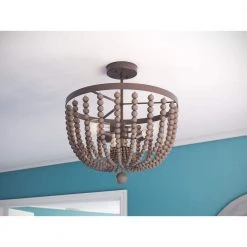 Dumas 3-Light Golden Bronze Wood Bead Semi-Flush Mount by Kenroy Home -Kenroy Home Sales golden bronze finish with gray wood beads kenroy home flush mount lights 93136gbrz 1f 1000
