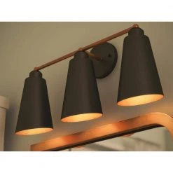 Alvar 3-Light Matte Black Vanity Light with Metal Shade by Kenroy Home -Kenroy Home Sales matte black with gold finish kenroy home vanity lighting 93678bl 1d 1000