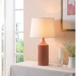 Crayon 25 in. Orange Table Lamp with White Linen Shade by Kenroy Home -Kenroy Home Sales matte orange ceramic finish kenroy home table lamps 33159orng 1f 1000